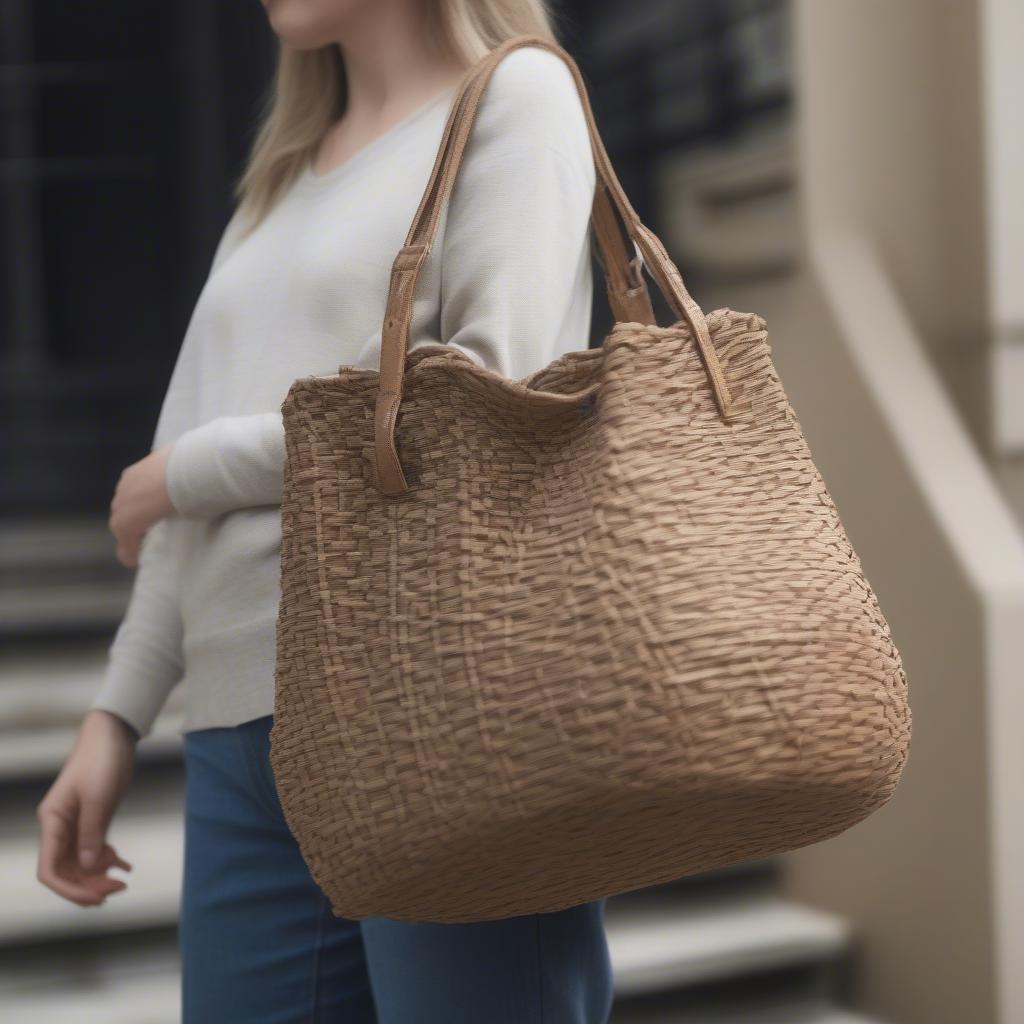 Woman Carrying a Woven Utility Bag