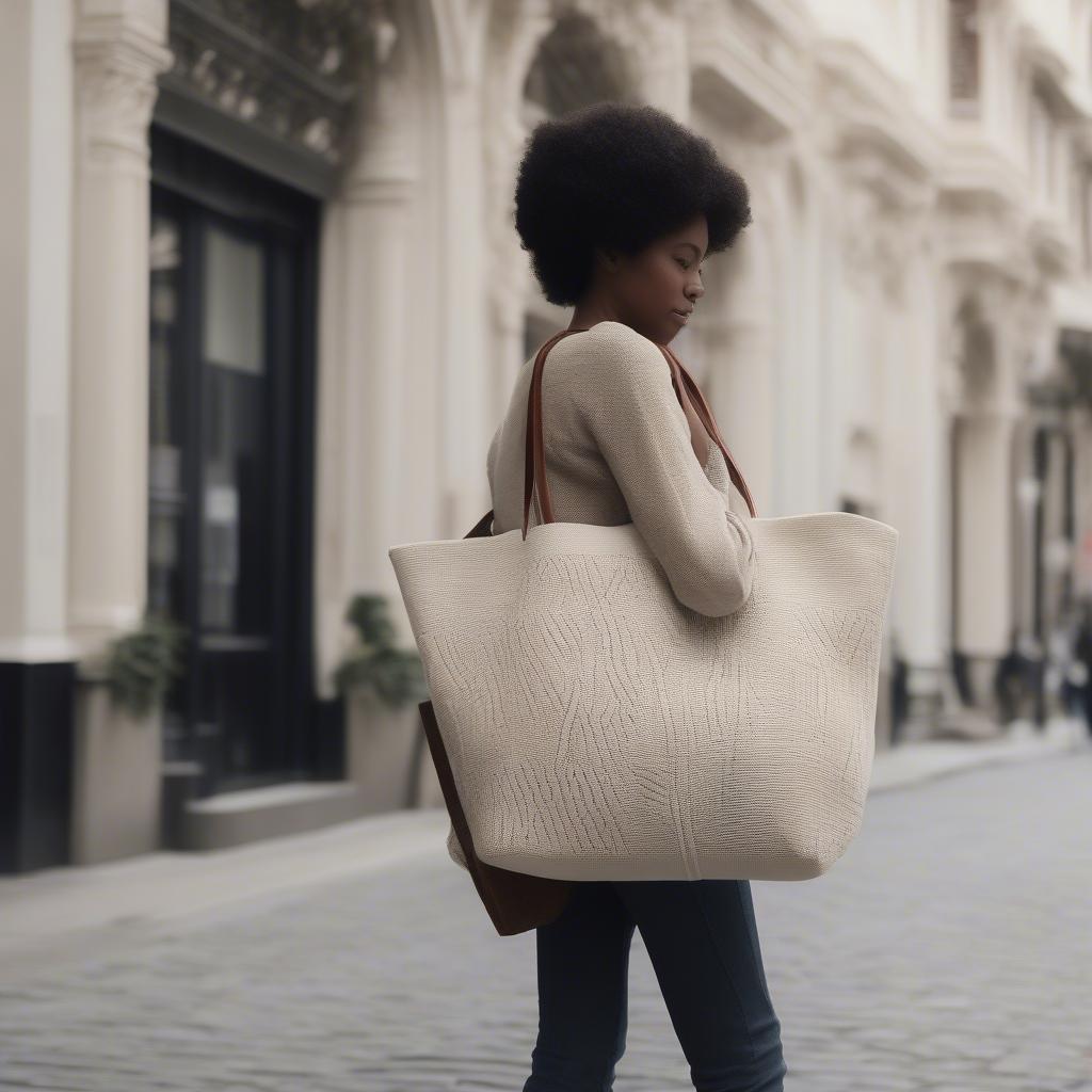 Woman carrying a woven wool tote bag