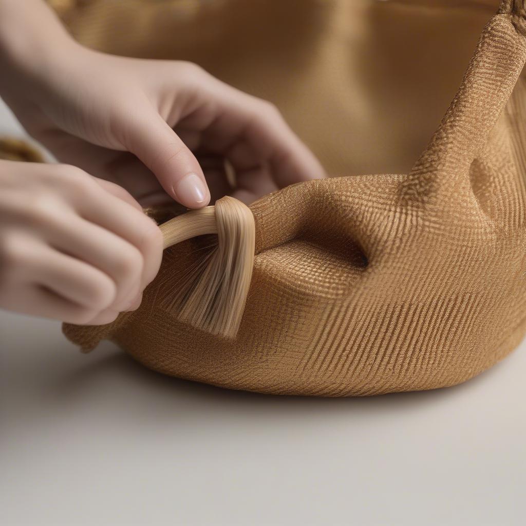 A woman carefully cleaning her gold woven knot bag with a soft brush.