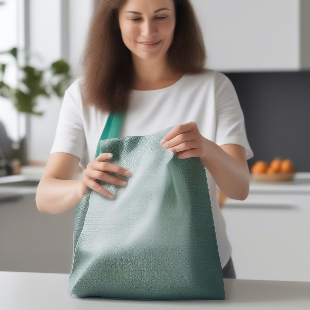 Woman Cleaning a Non-Woven Tote Bag