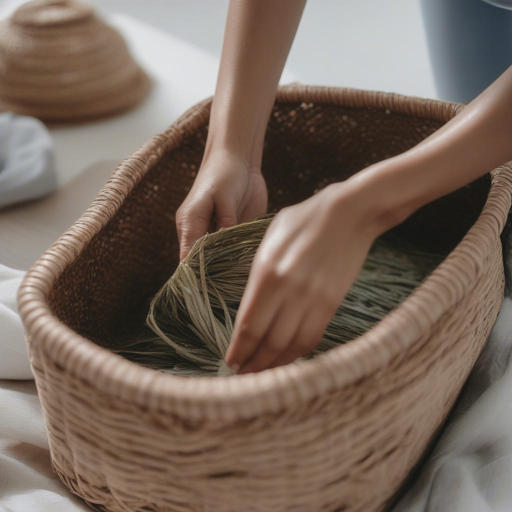 A woman cleaning a seagrass basket with a damp cloth demonstrating proper care techniques