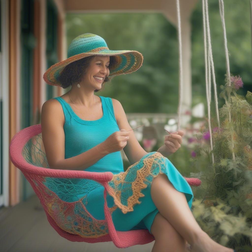 A woman crocheting an open weave hat outdoors