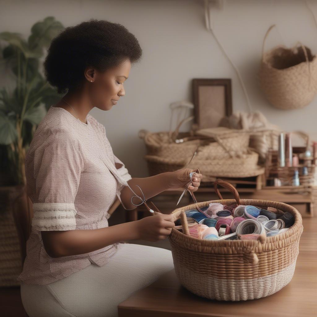 Woman Organizing Sewing Supplies in a Basket