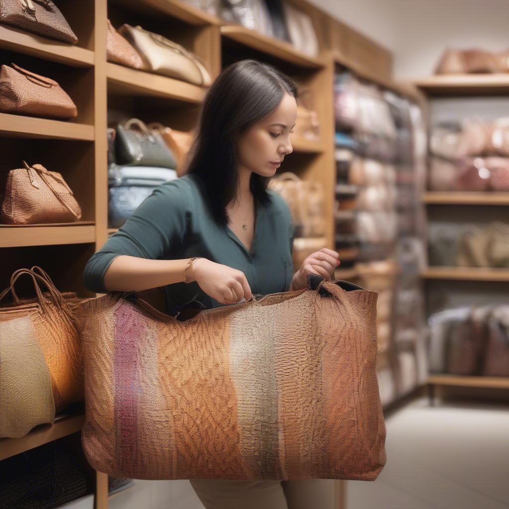 A woman browsing laminated woven bags in a shop.