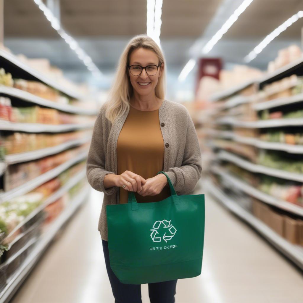 Woman shopping with recycled woven plastic tote bag