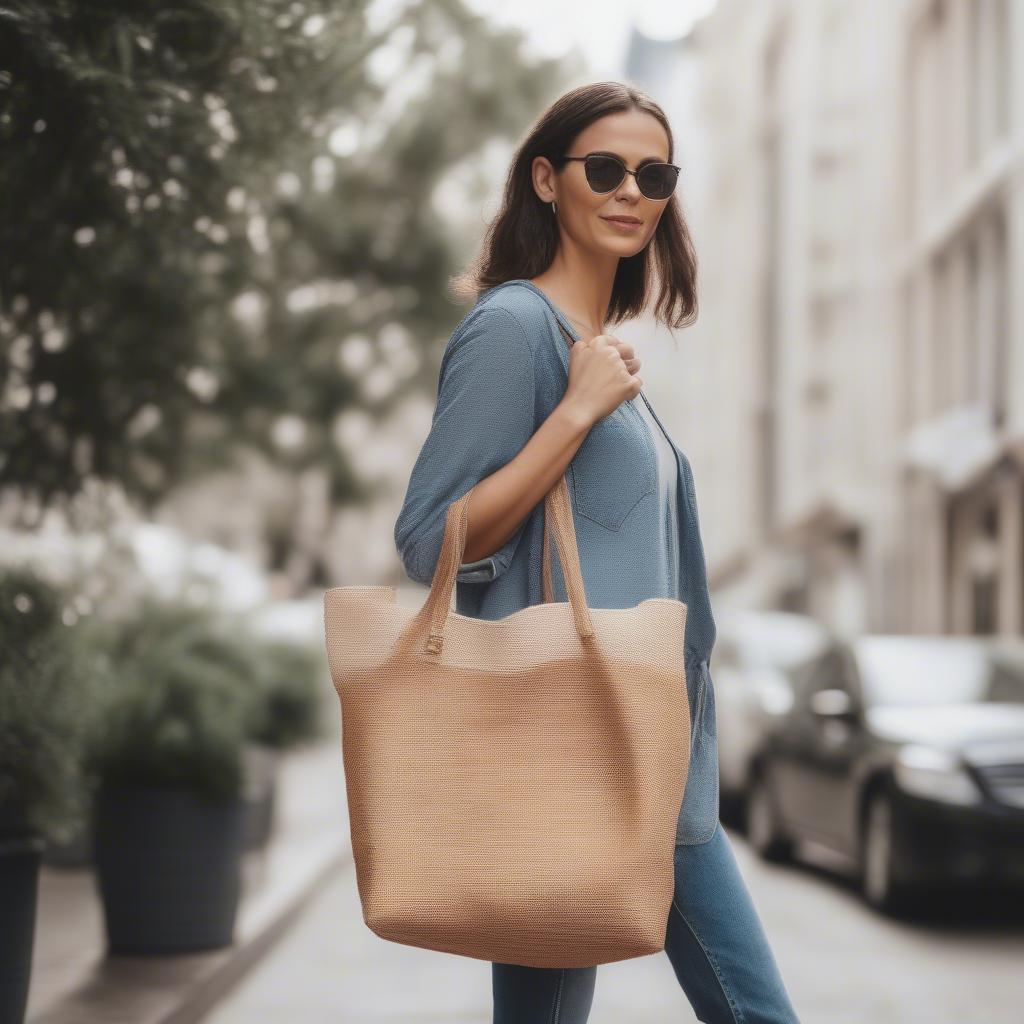 Stylish Woman Shopping with a Woven Tote Bag