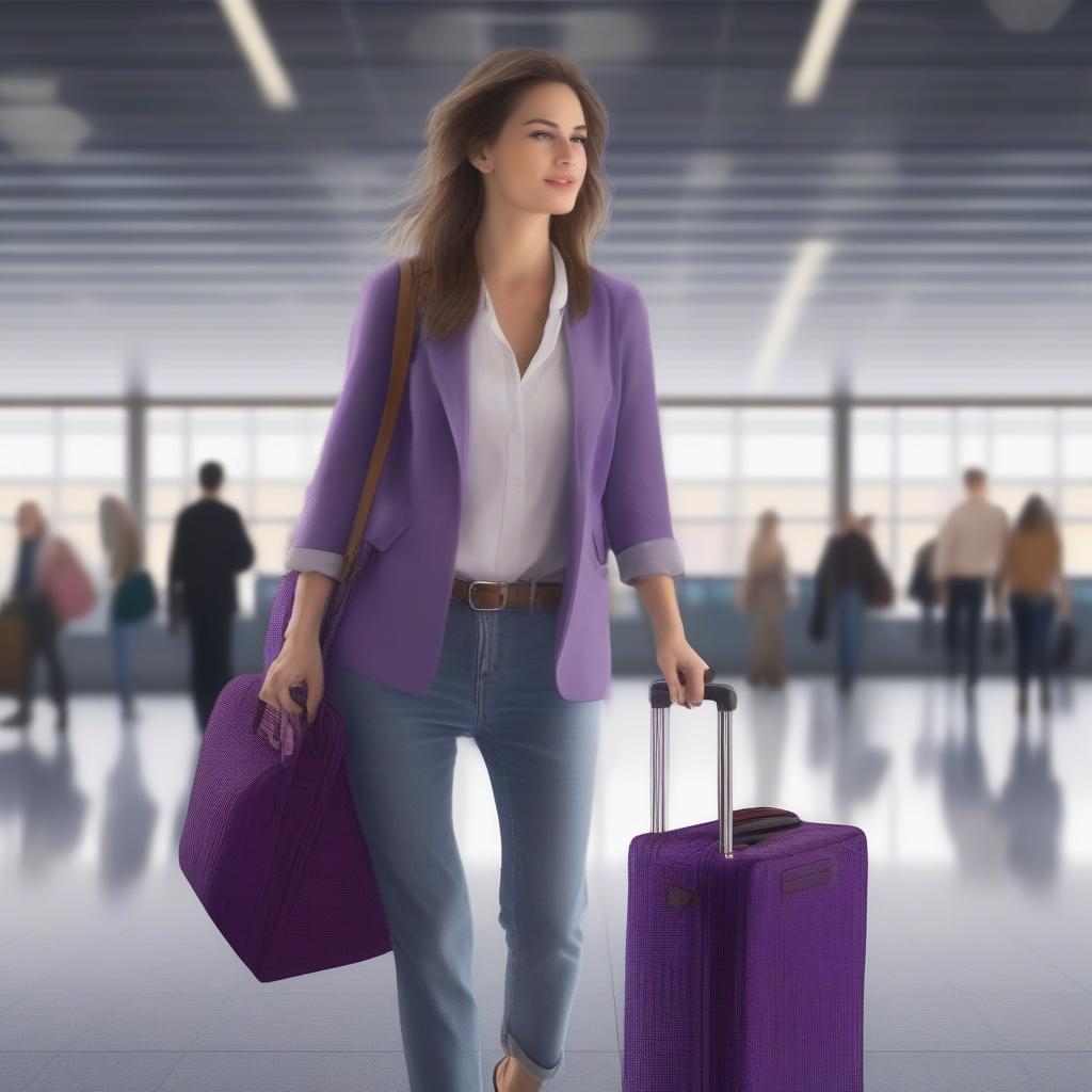 Woman Traveling with Purple Woven Luggage