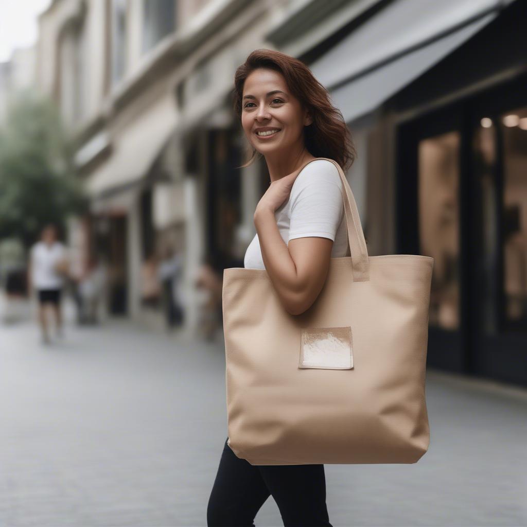 A woman uses a non-woven bag while shopping