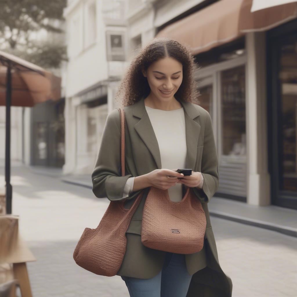 Woman Using a Woven Phone Bag