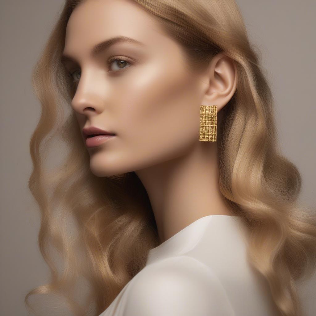 Woman Wearing 14k Gold Basket Weave Earrings