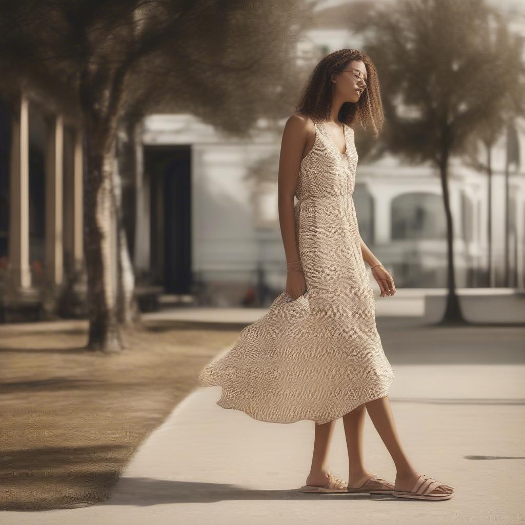 Woman Wearing Asos Basket Weave Sandals with a Summer Dress