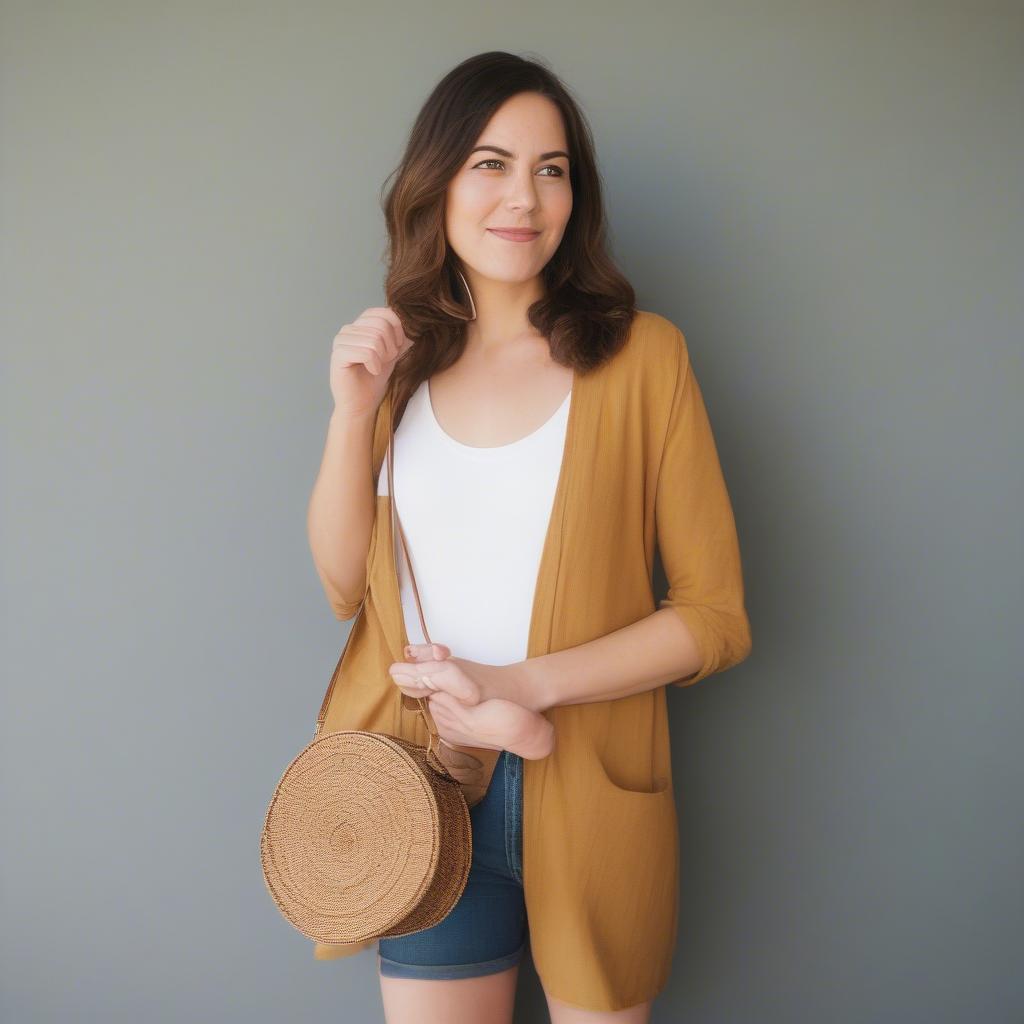 A woman wearing an on the border bamboo woven crossbody bag, showcasing how it complements a casual outfit.