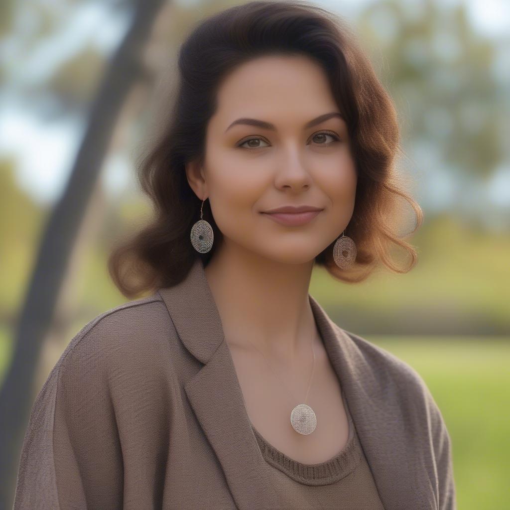 A woman wearing basket weave circle of life earrings, demonstrating how they complement her style