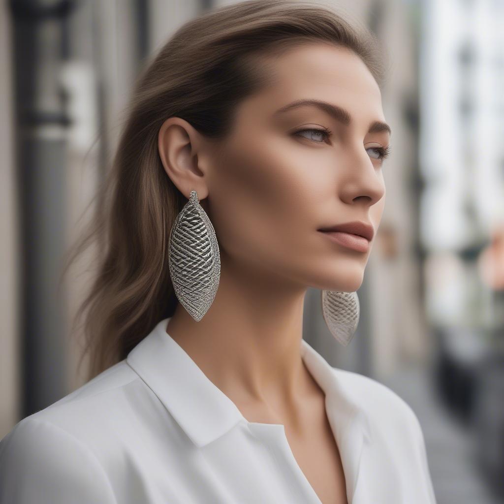 A woman wearing basket weave earrings in white gold with a simple, elegant outfit