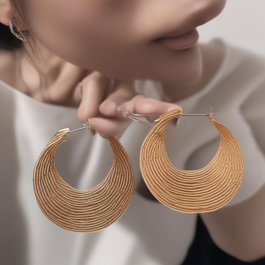 Woman Wearing Basket Weave Hoop Earrings