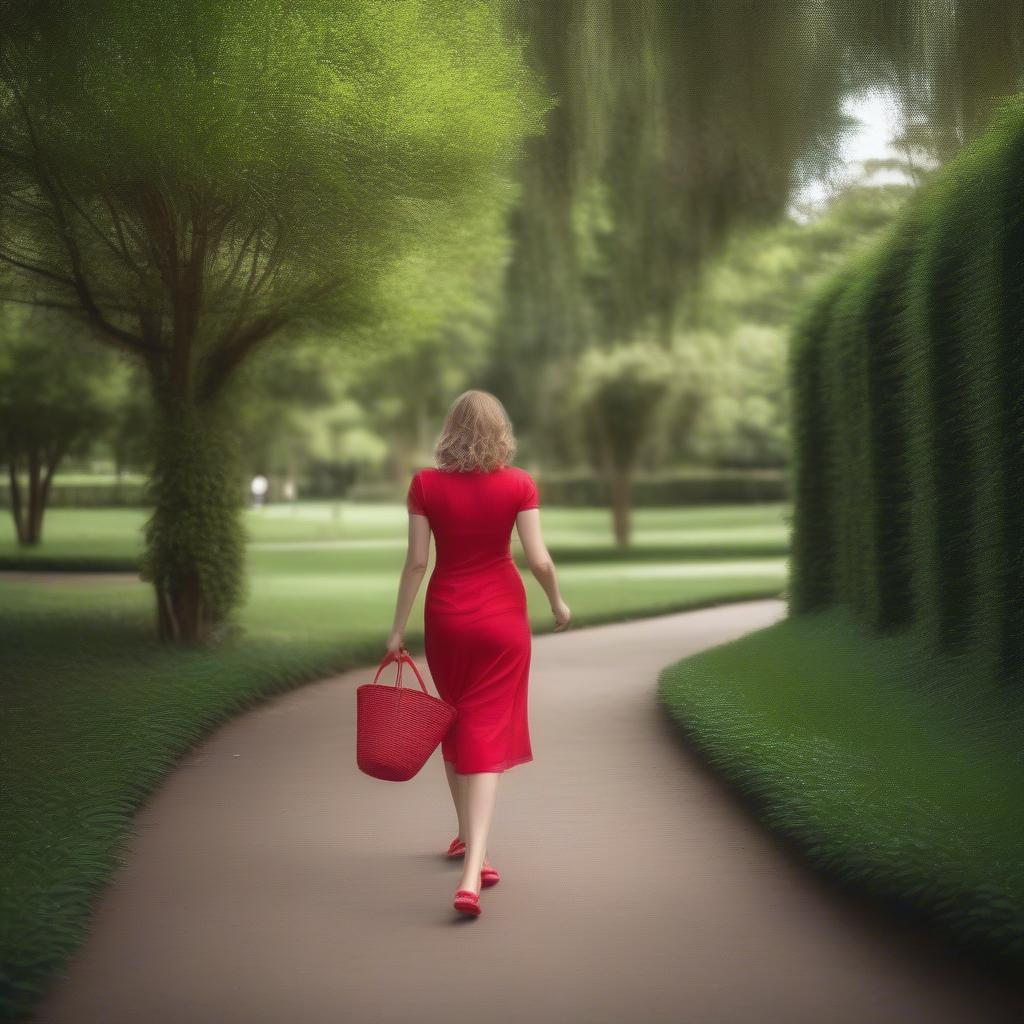 A woman wearing basket weave jelly flats while walking in a park.