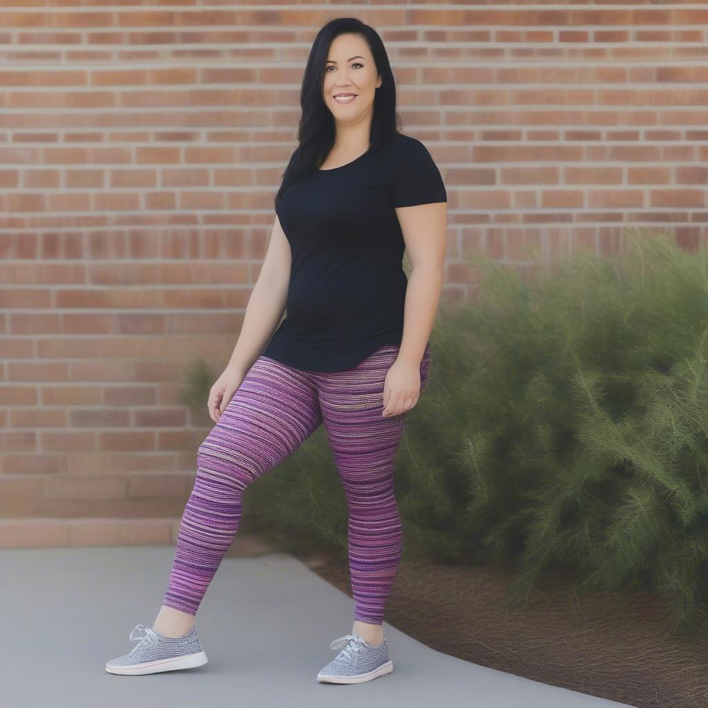 Woman wearing basket weave Lularoe leggings with a casual top