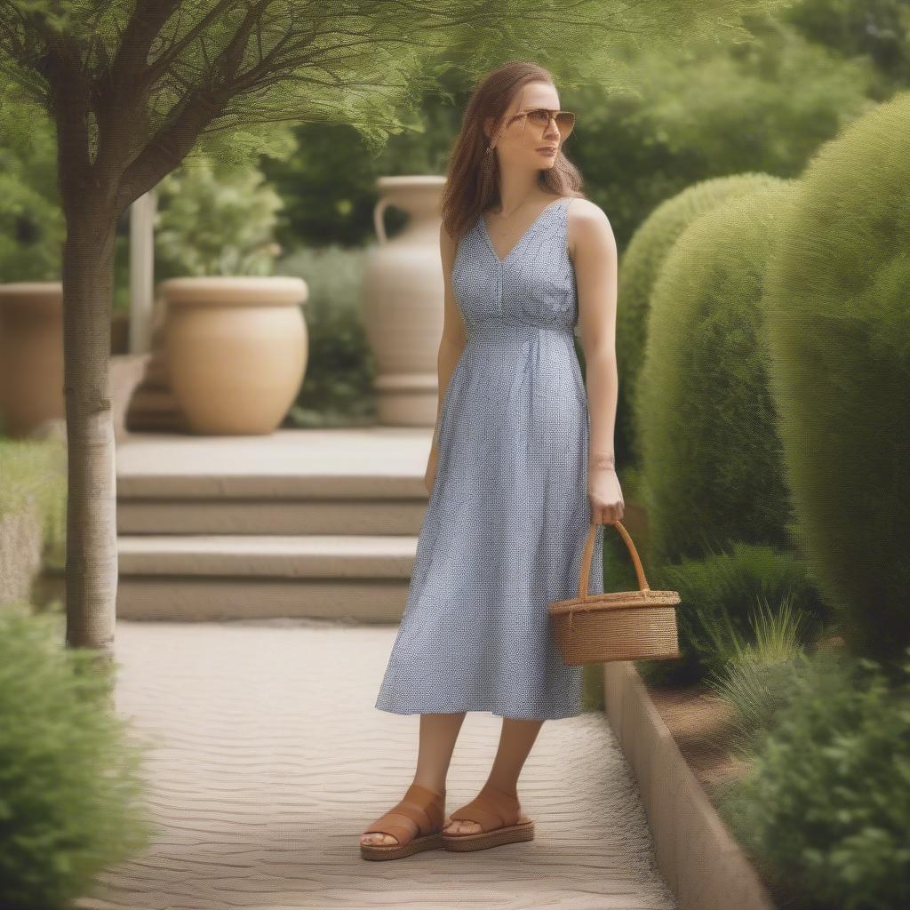 A woman stylishly wearing basket weave platform sandals with a summer outfit, showcasing how to style them for different occasions.