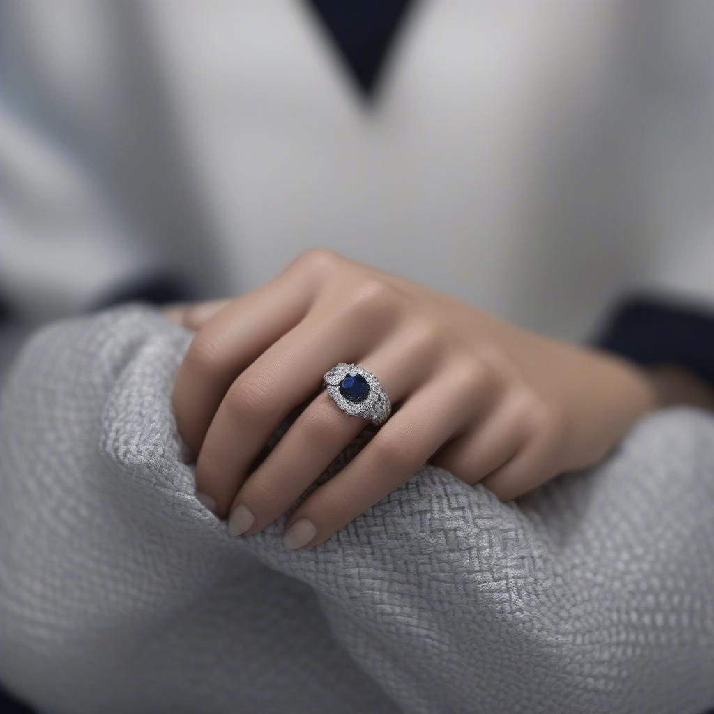 Woman Wearing a Basket Weave Ring with Sapphire and Diamond