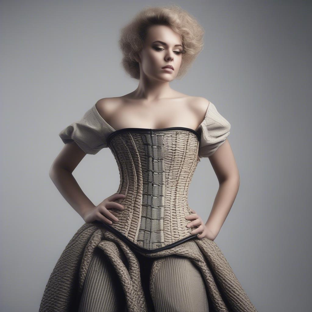 A woman confidently wearing a fashionable basket weave rope corset