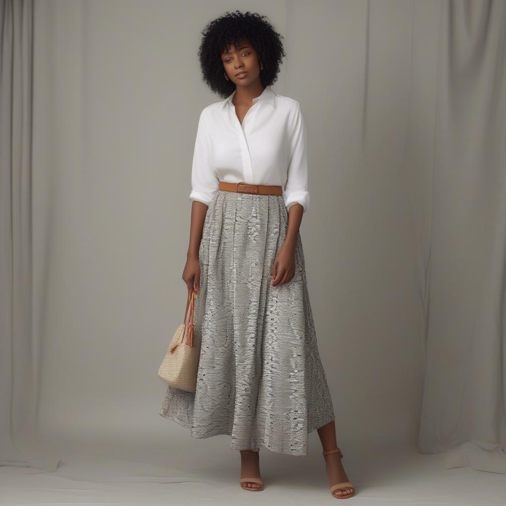 Woman styling a basket weave shirt with a skirt