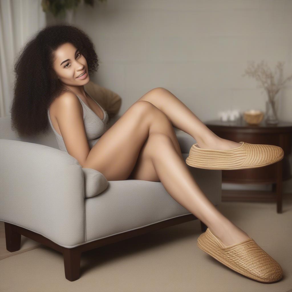 A woman wearing basket weave slippers while relaxing at home.