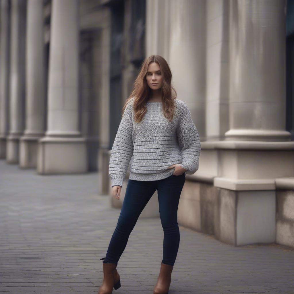 A woman stylishly wearing a basket weave sweater