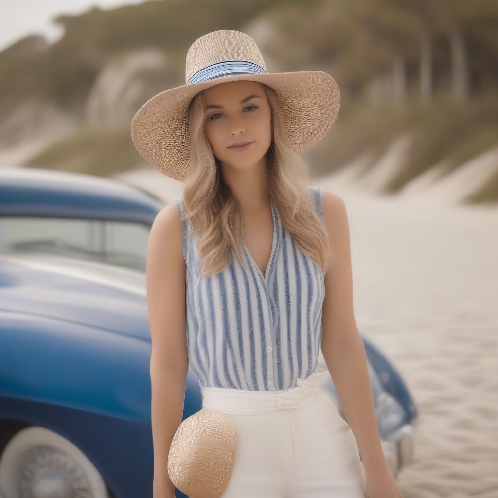 A woman stylishly wearing a beige basket weave fedora with a blue and white stripe.