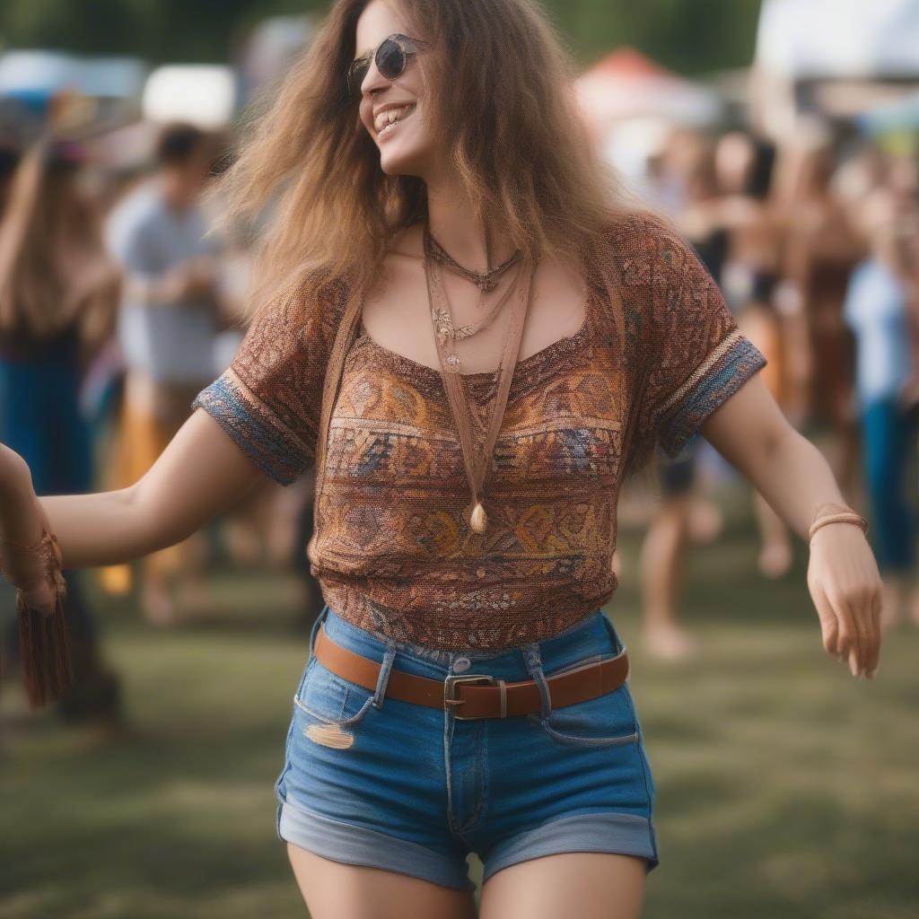 Woman with a brown woven belt bag at a music festival.