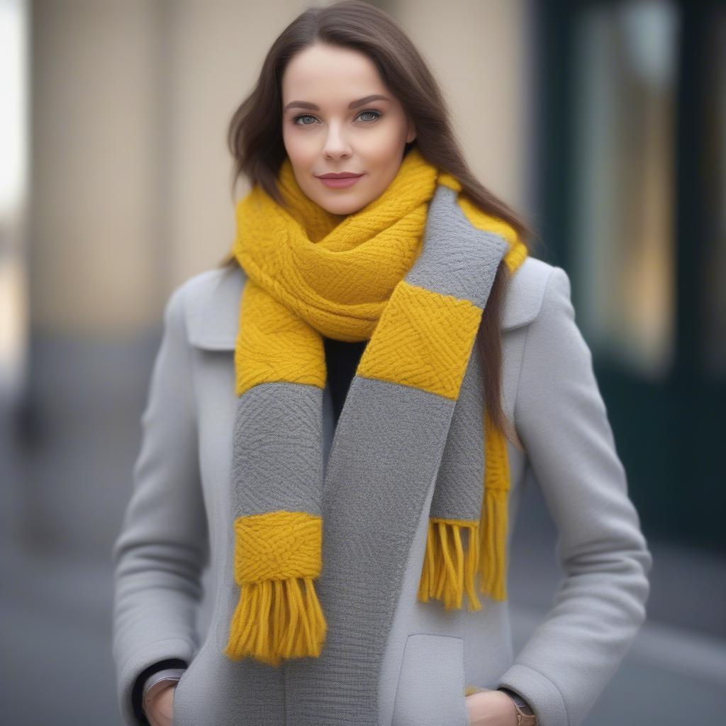 A woman wearing a chunky basket weave scarf in canary yellow with a grey winter coat, demonstrating a stylish and cozy winter outfit.