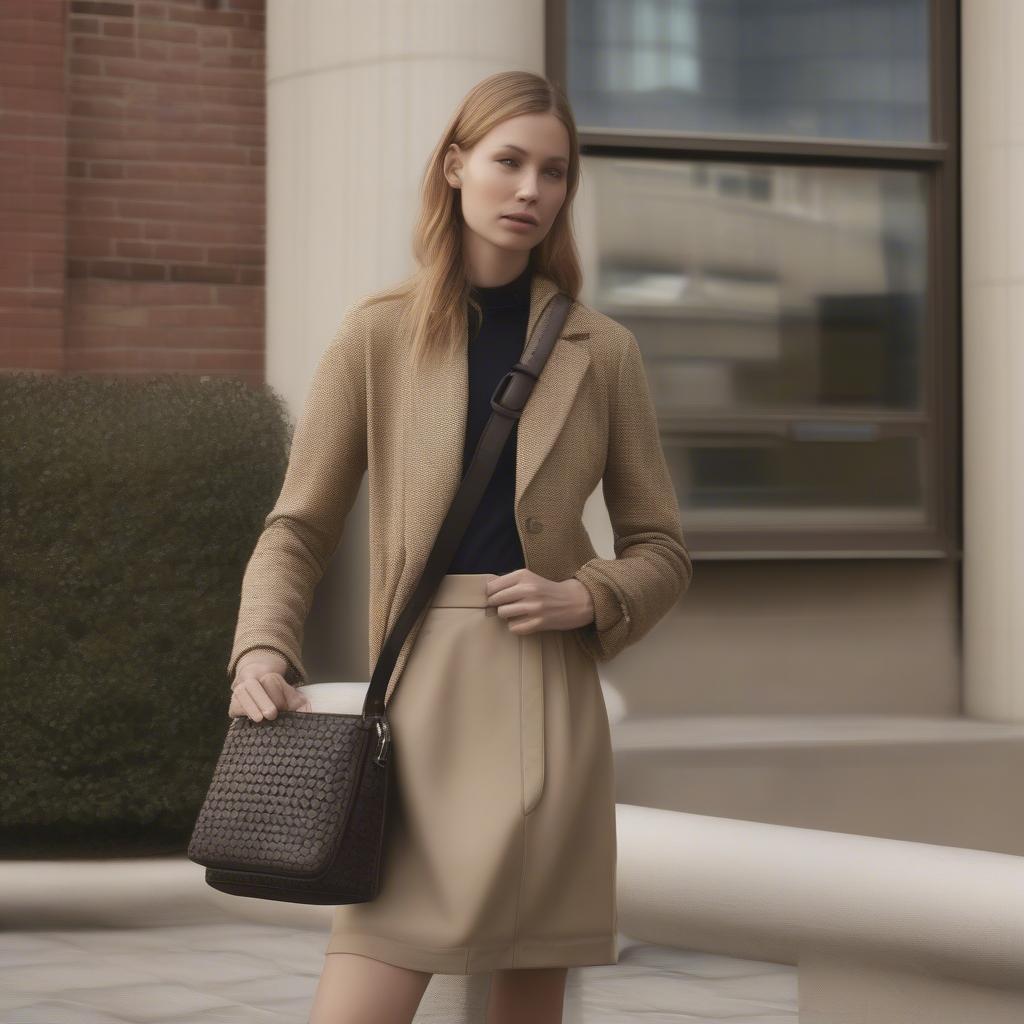 A woman stylishly carrying a Coach Kristin woven crossbody bag, showcasing its versatility in everyday outfits.