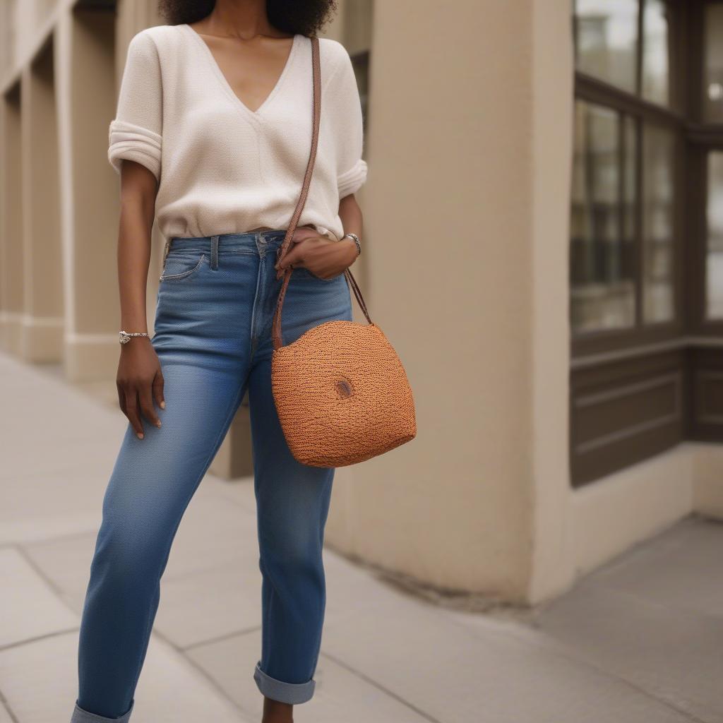 A woman stylishly carrying a crossbody Anthropologie woven bag