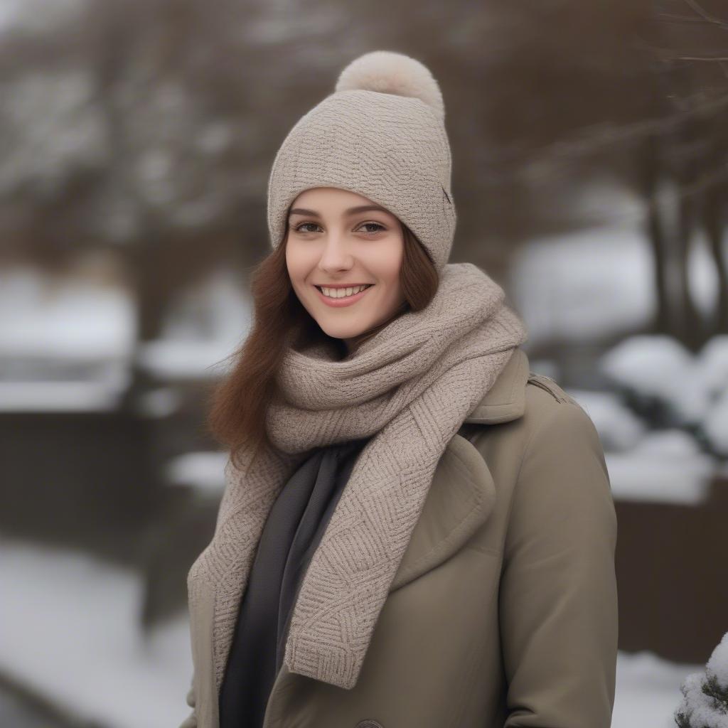 A woman wearing a diagonal basket weave beanie.