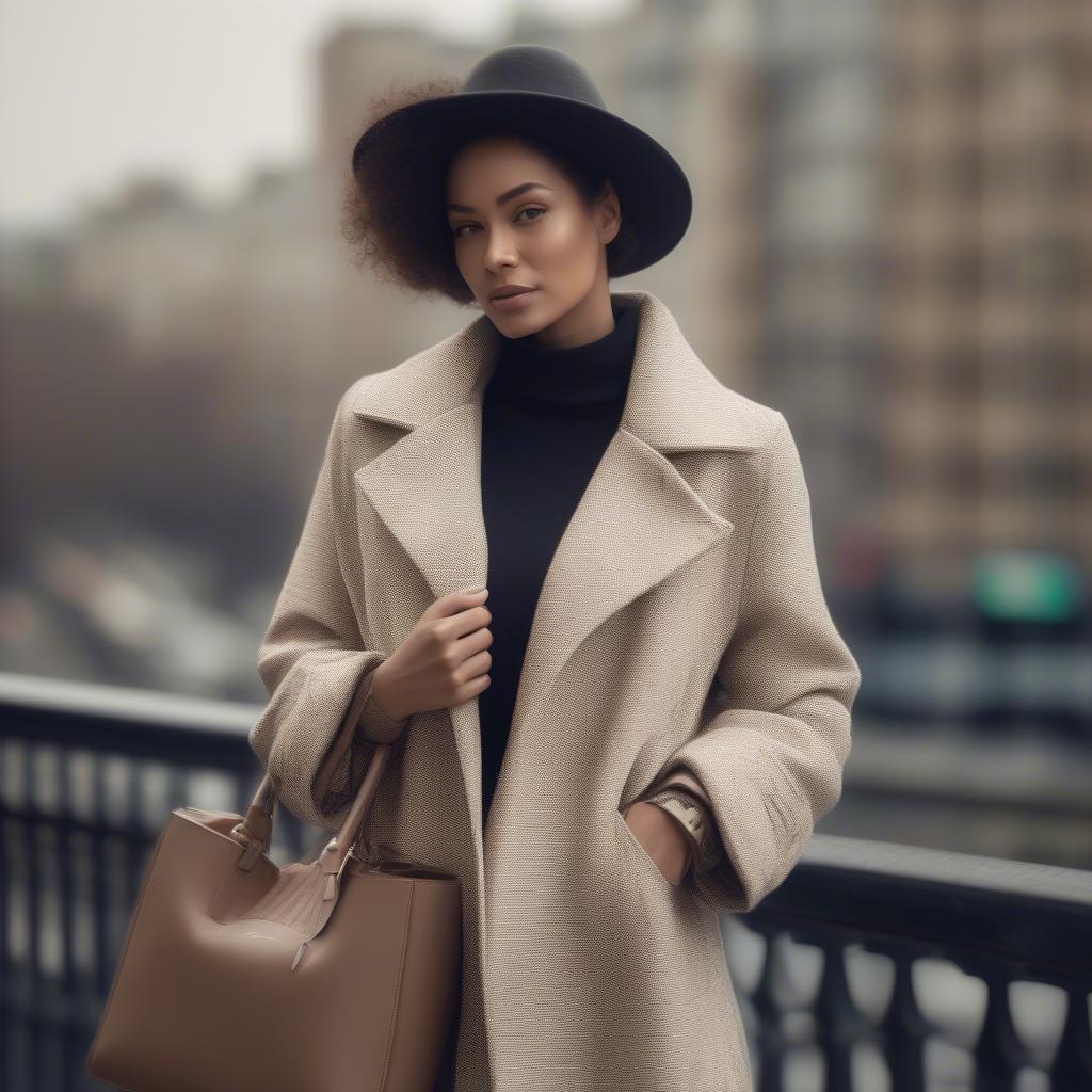 Woman Wearing a Diagonal Basket Weave Coat