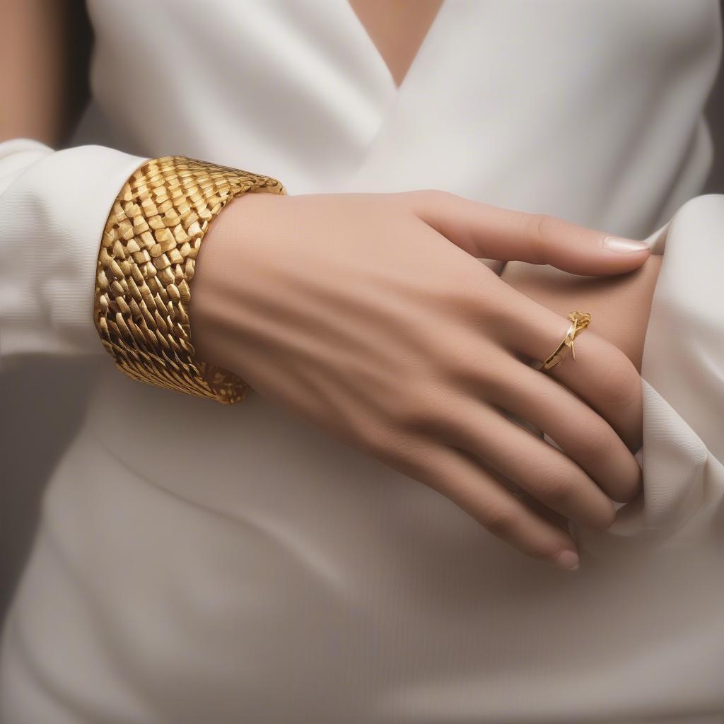 A woman wearing a gold basket weave bracelet, showcasing how it complements her outfit and adds a touch of elegance.