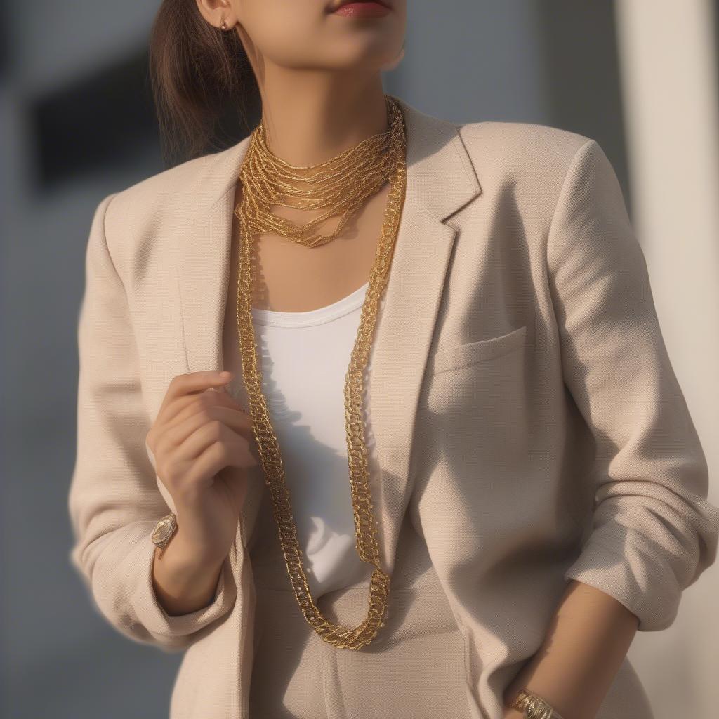 A woman wearing a gold tone weave basket chain necklace, showcasing how it complements her outfit and overall style.