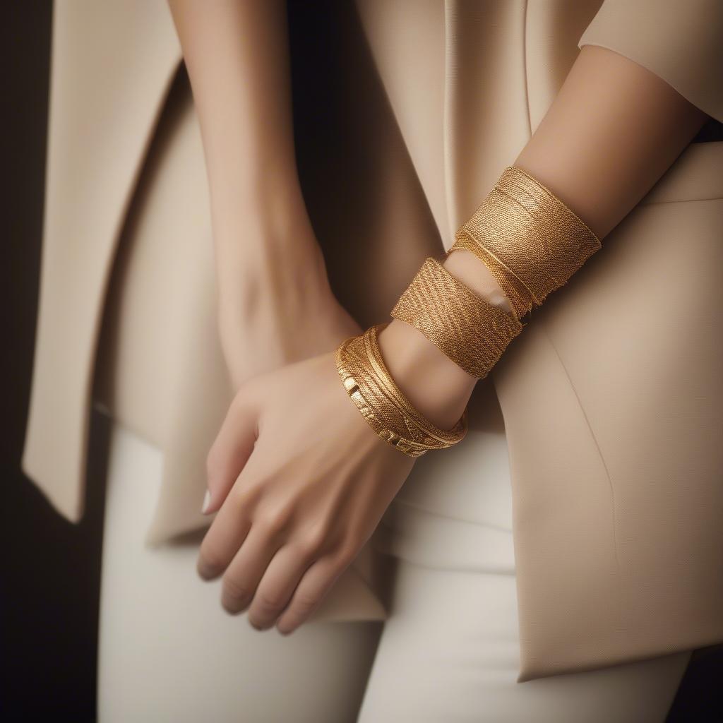 A woman elegantly wearing an imperial gold basket weave bracelet.