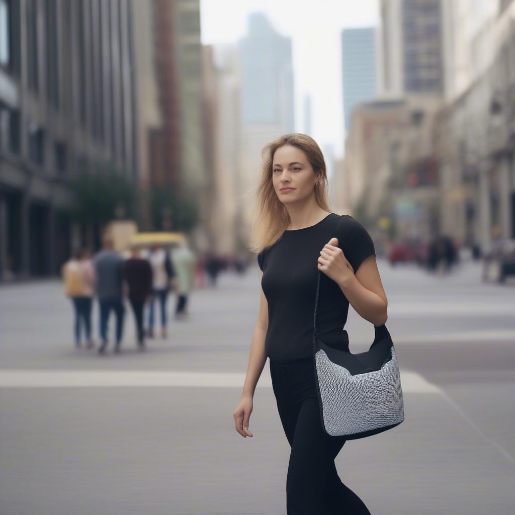 A woman stylishly carrying a neoprene woven crossbody bag, demonstrating its versatility and practicality.