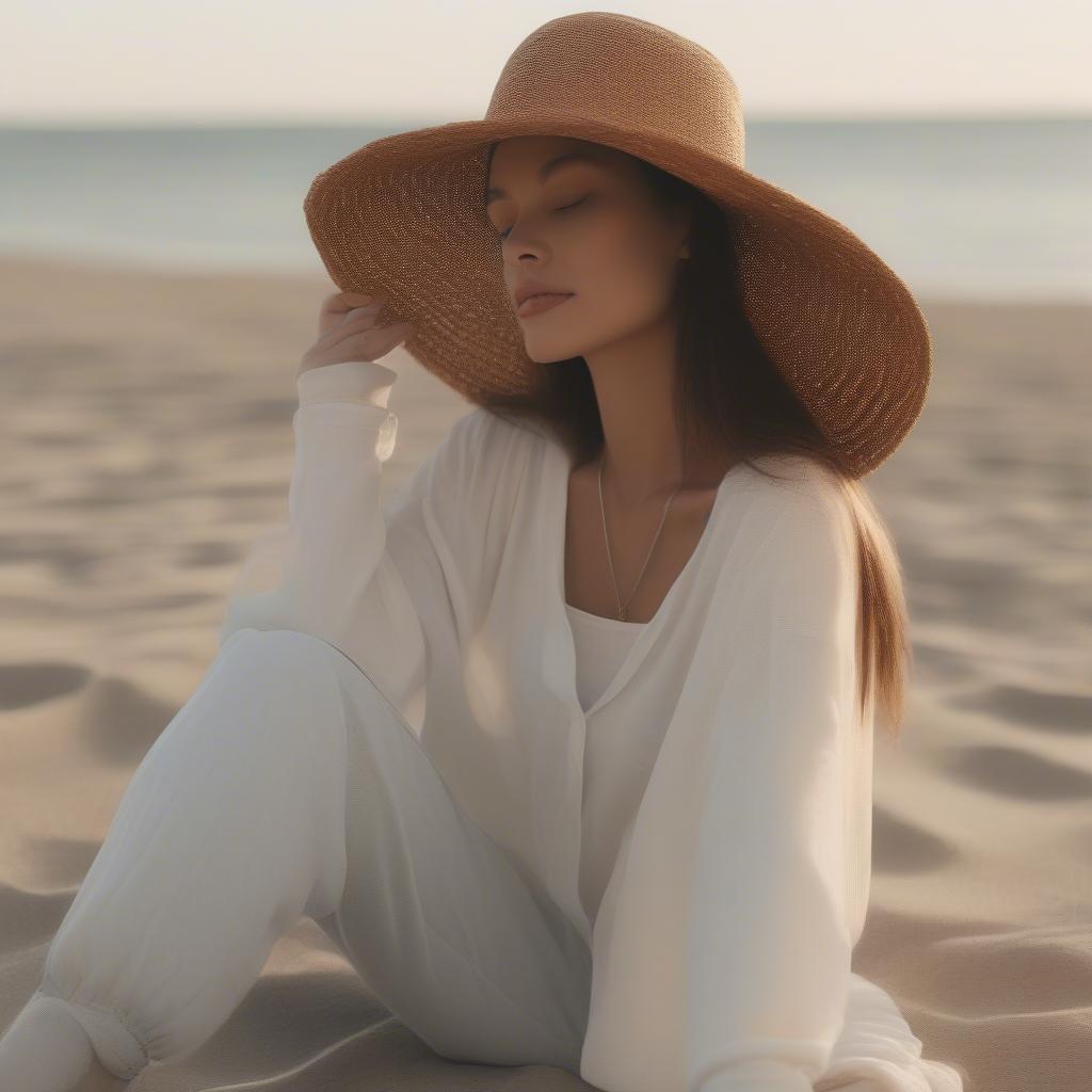 A woman wearing an open weave hat on the beach.