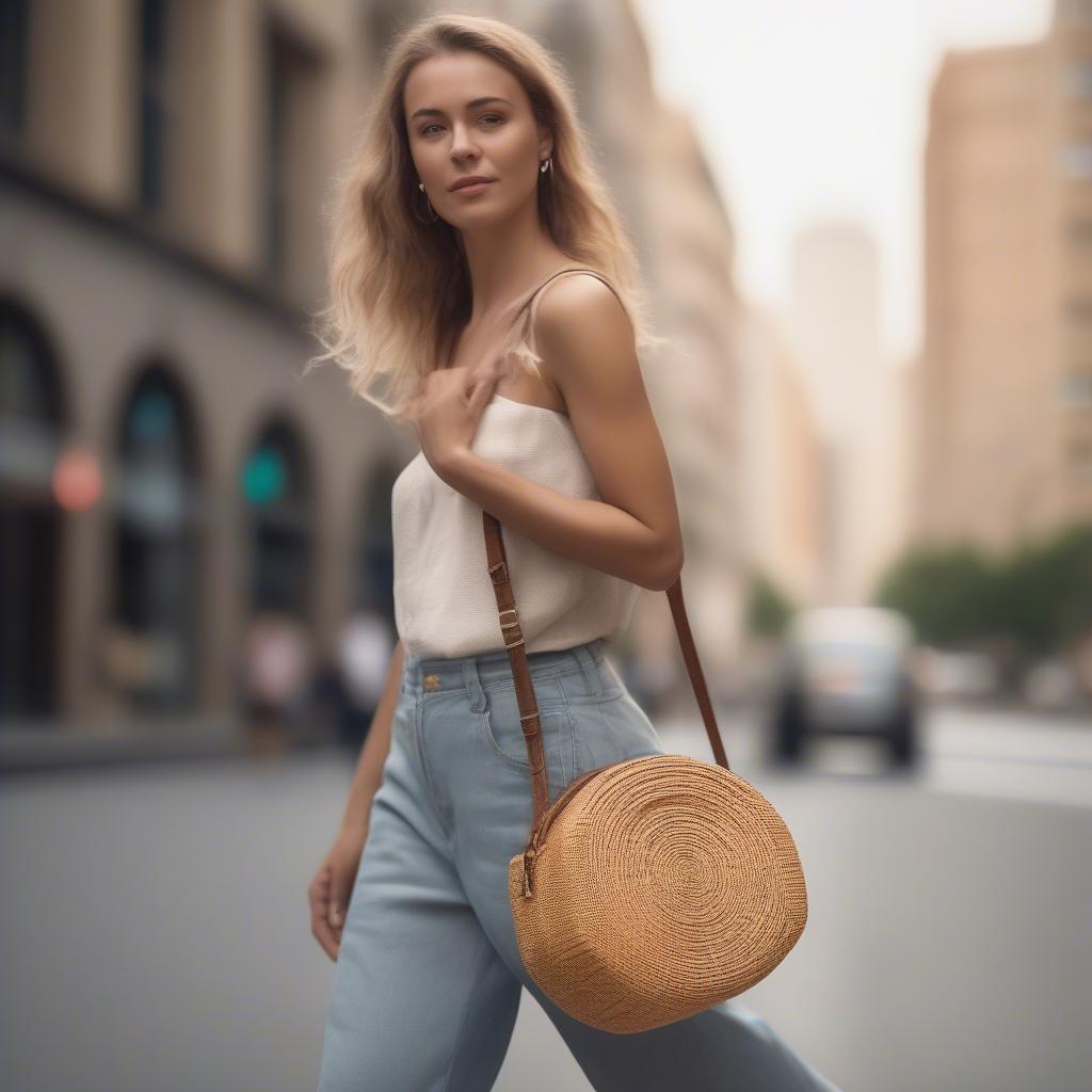 Woman Wearing Woven Straw Crossbody Bag