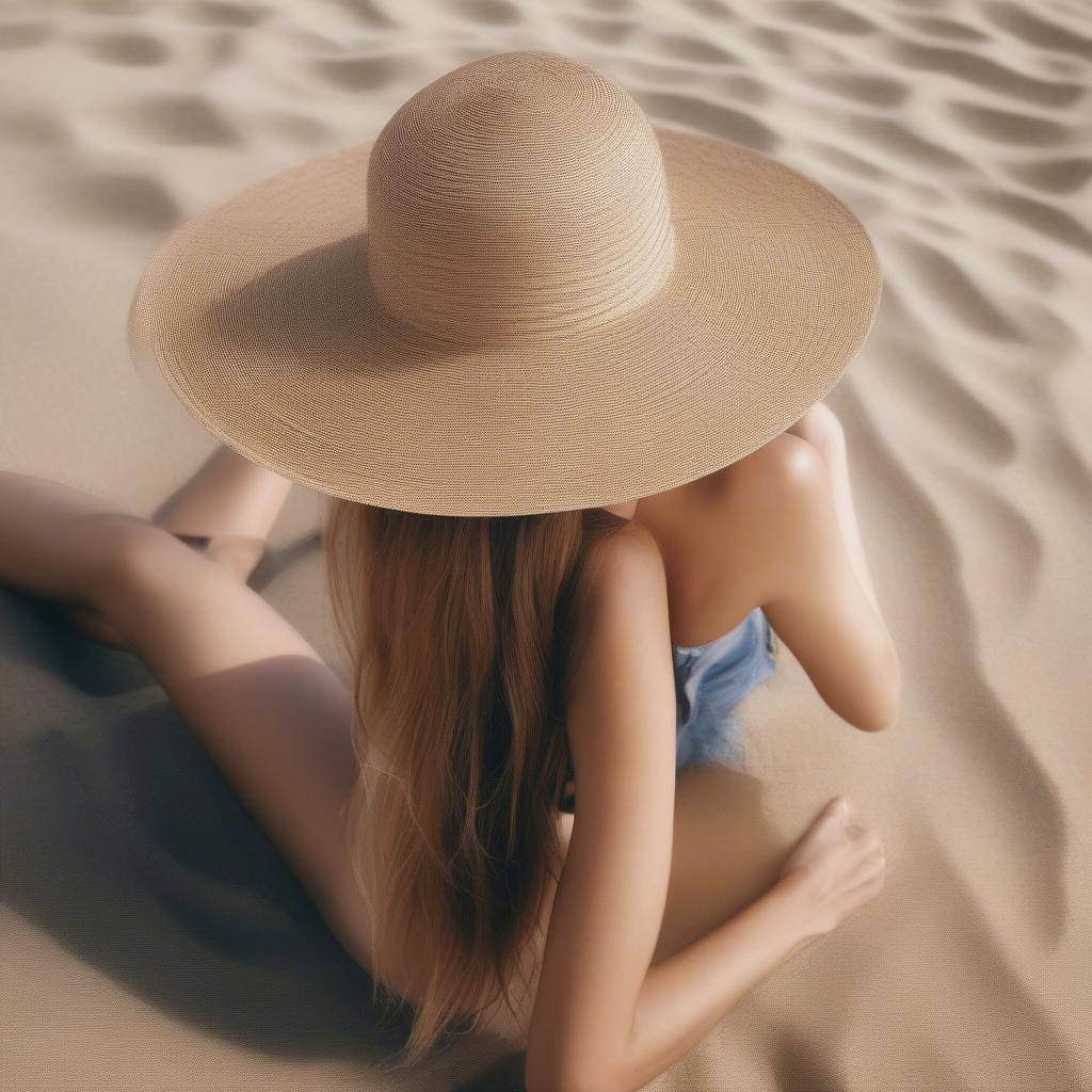 Woman wearing a wide-brimmed straw weave hat on a sunny beach