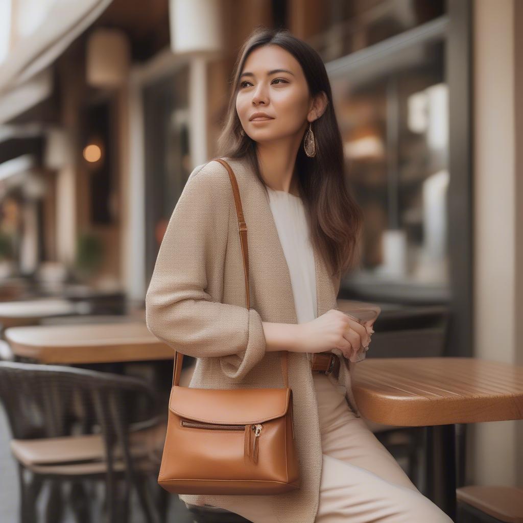 A woman stylishly carrying a tan woven crossbody bag, demonstrating how it complements a fashionable outfit.