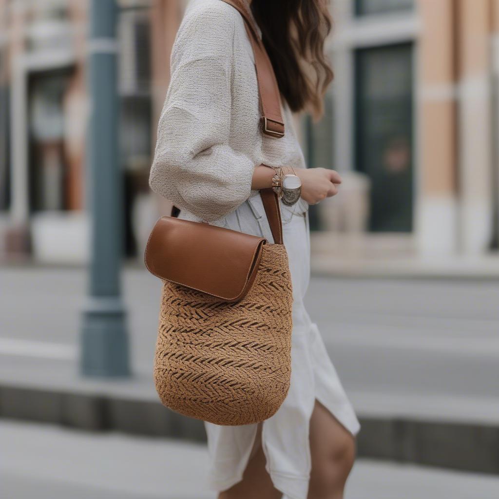 Woman Wearing a Woven Crossbody Bag