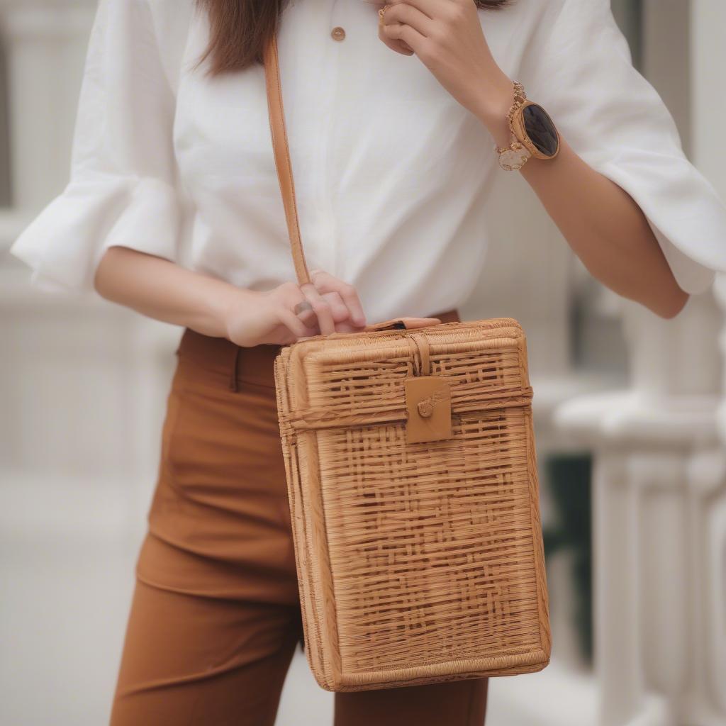 A woman styles a woven rattan box crossbody bag with a summer outfit.