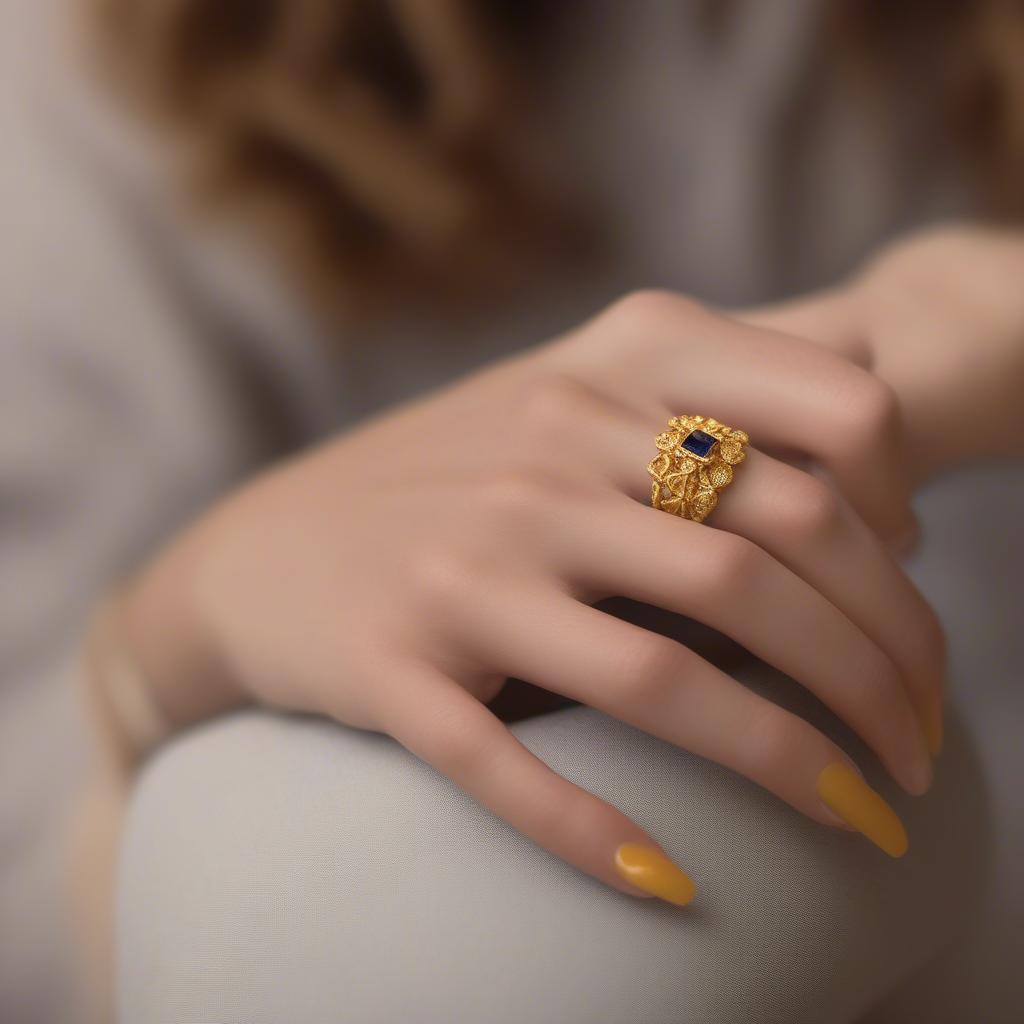 A woman's hand gracefully displaying a yellow gold sapphire and diamond basket weave ring.