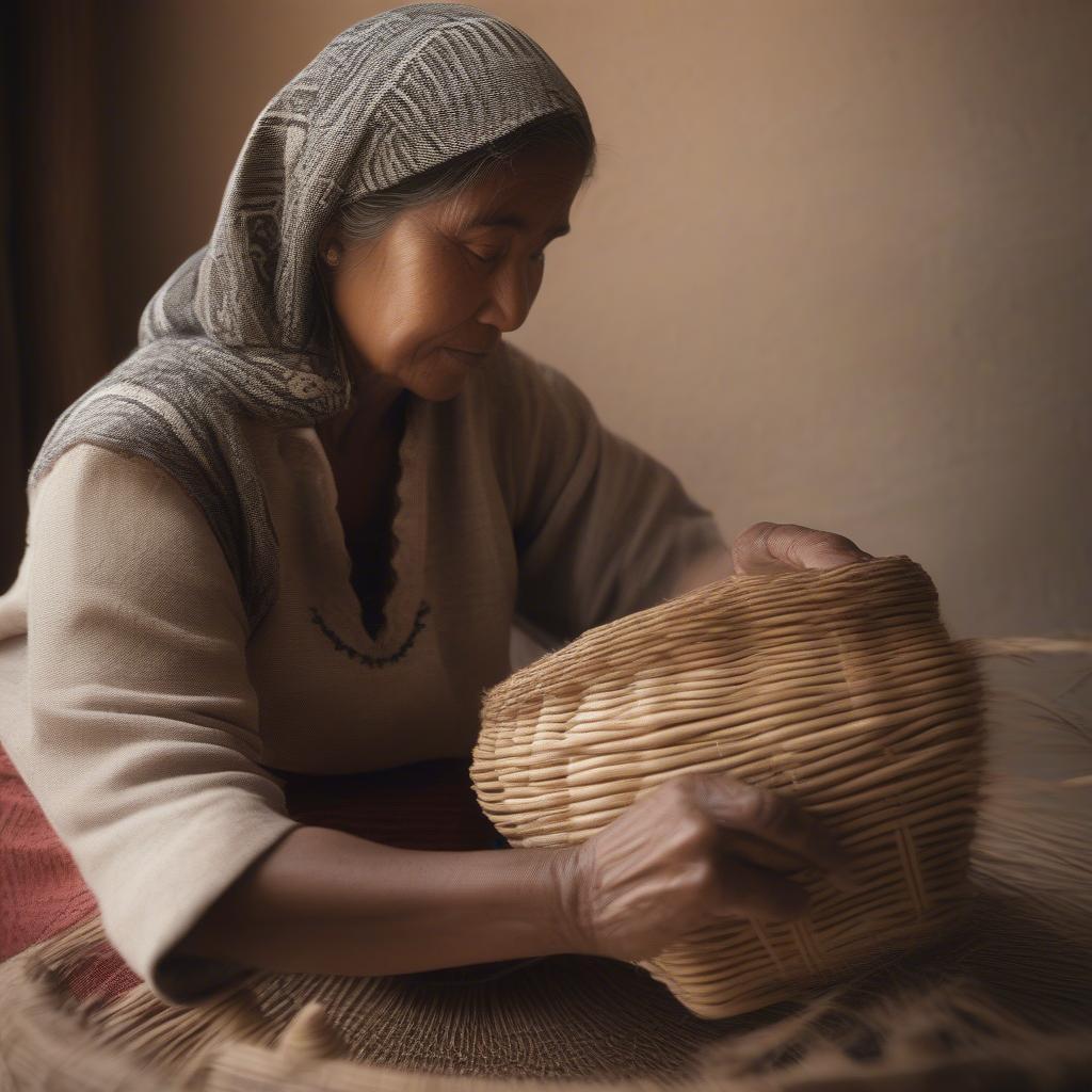 Woman weaving a basket using natural fibers, showcasing the traditional basket weaving process.