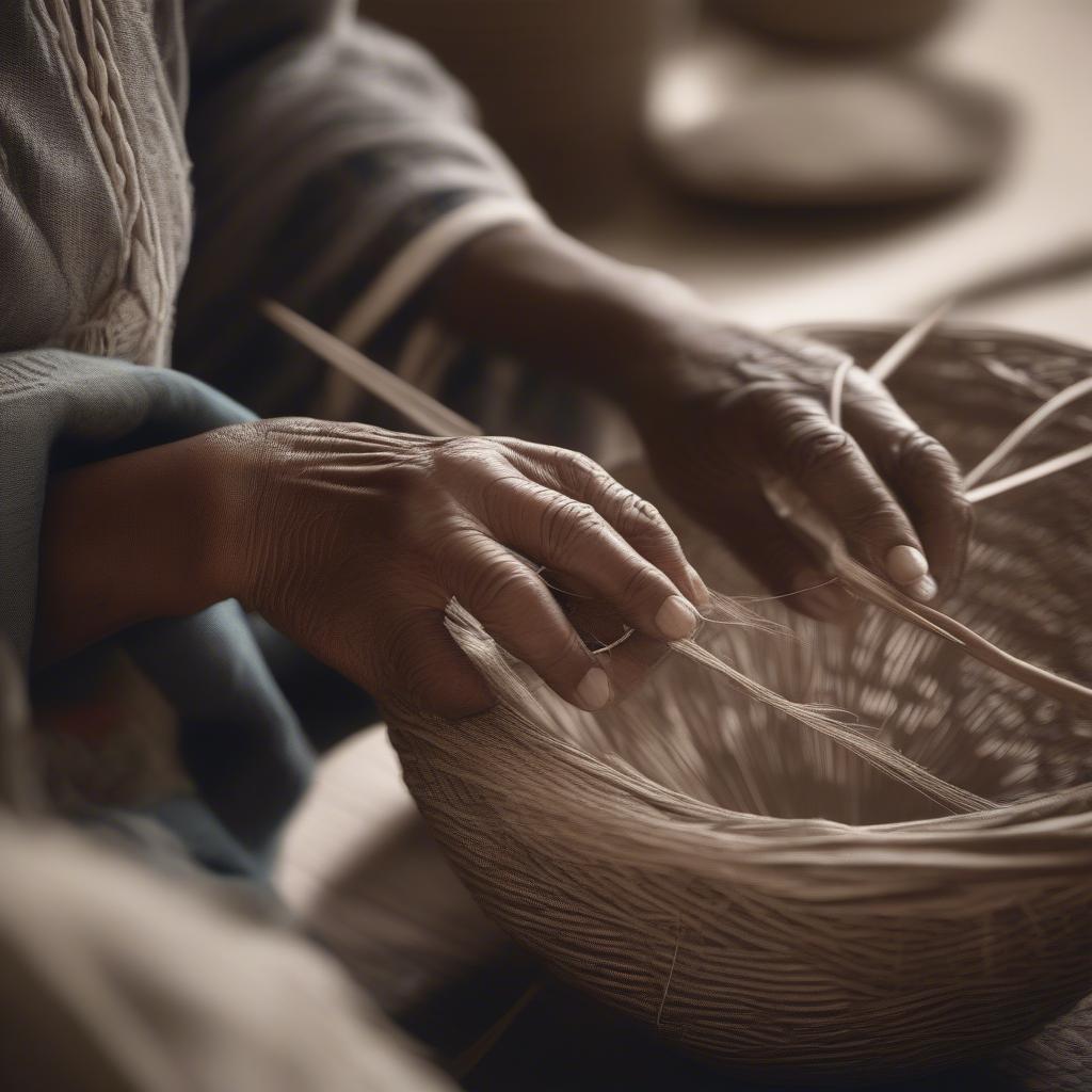 Woman Weaving a Traditional Basket