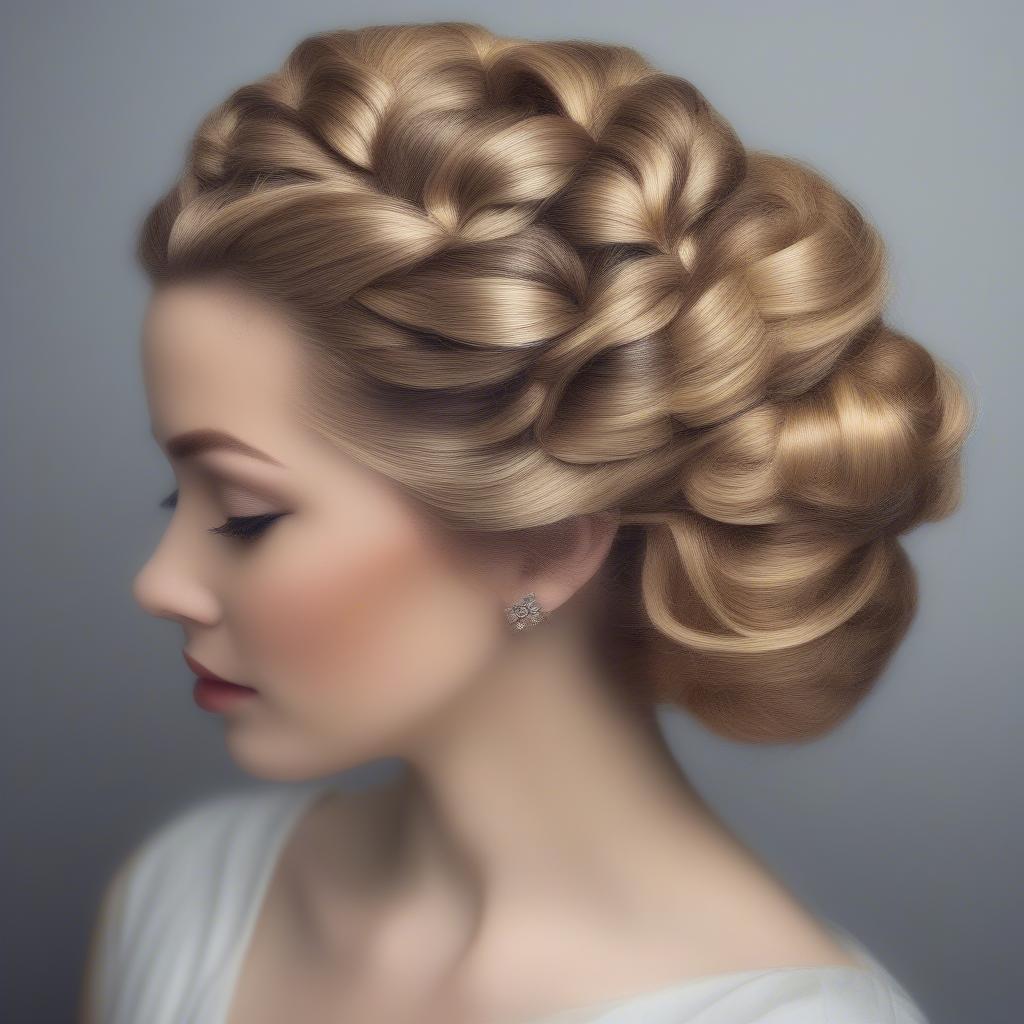 A woman with an elegant basket weave updo hairstyle