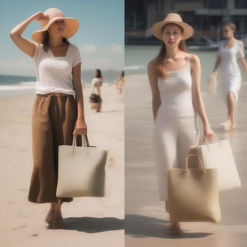 Women carrying different styles of woven plastic hand bags