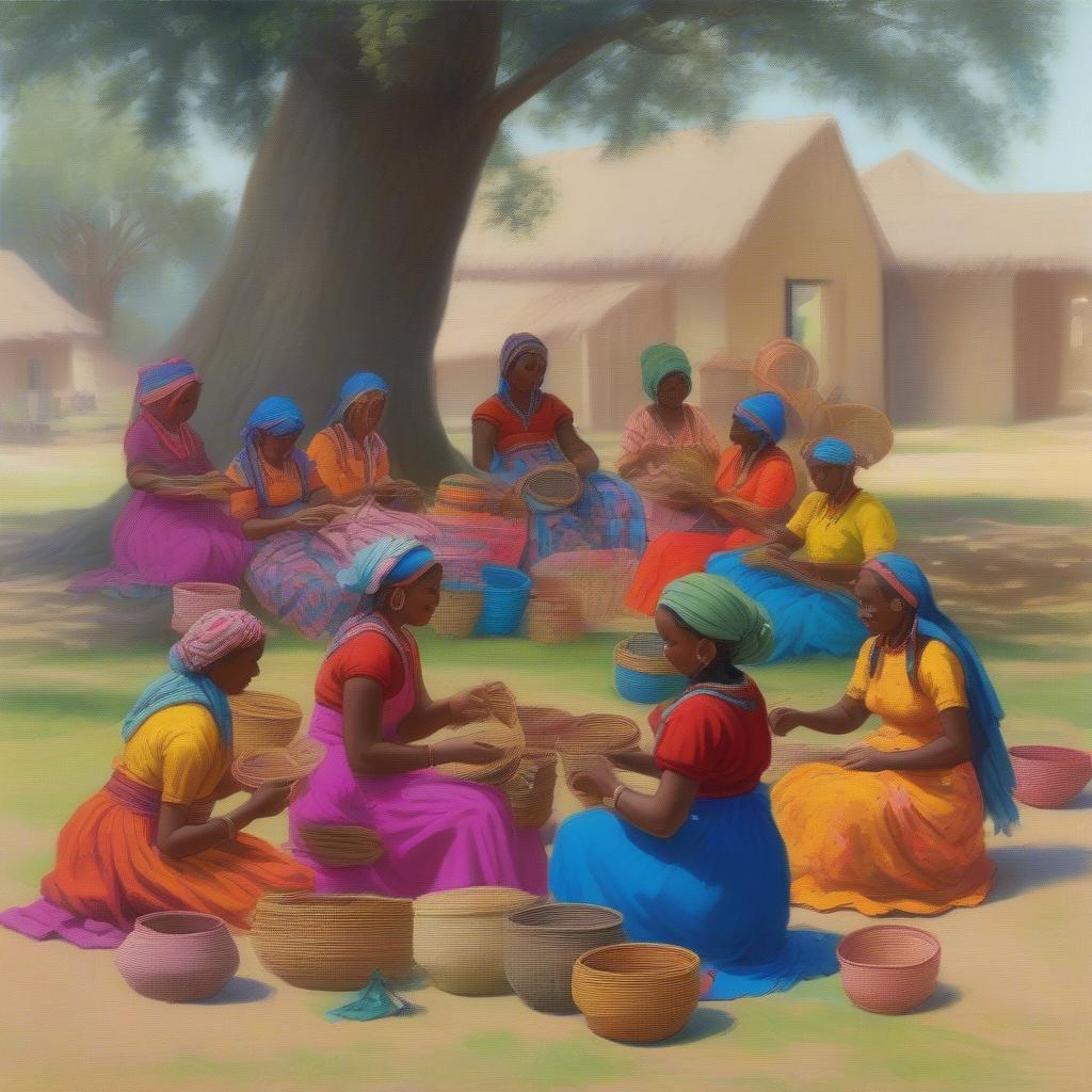 Women Weaving Baskets in a Communal Setting